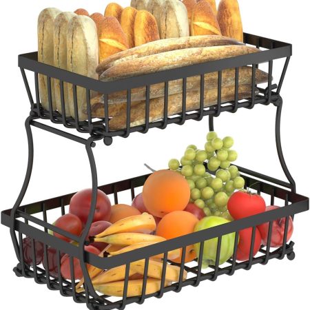 Apsan 2 Tier Fruit Basket, Countertop Fruit Vegetable Basket Bowl for Kitchen Counter, Detachable Metal Wire Storage Basket Fruits Stand Holder Organizer for Bread Snack Veggies Produce,Black