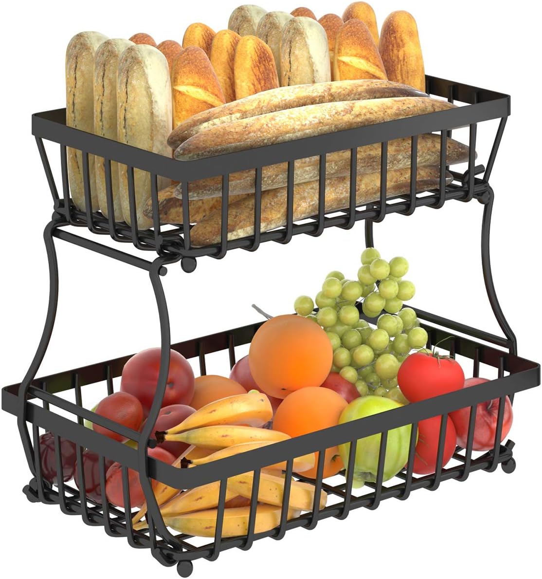 Apsan 2 Tier Fruit Basket, Countertop Fruit Vegetable Basket Bowl for Kitchen Counter, Detachable Metal Wire Storage Basket Fruits Stand Holder Organizer for Bread Snack Veggies Produce,Black