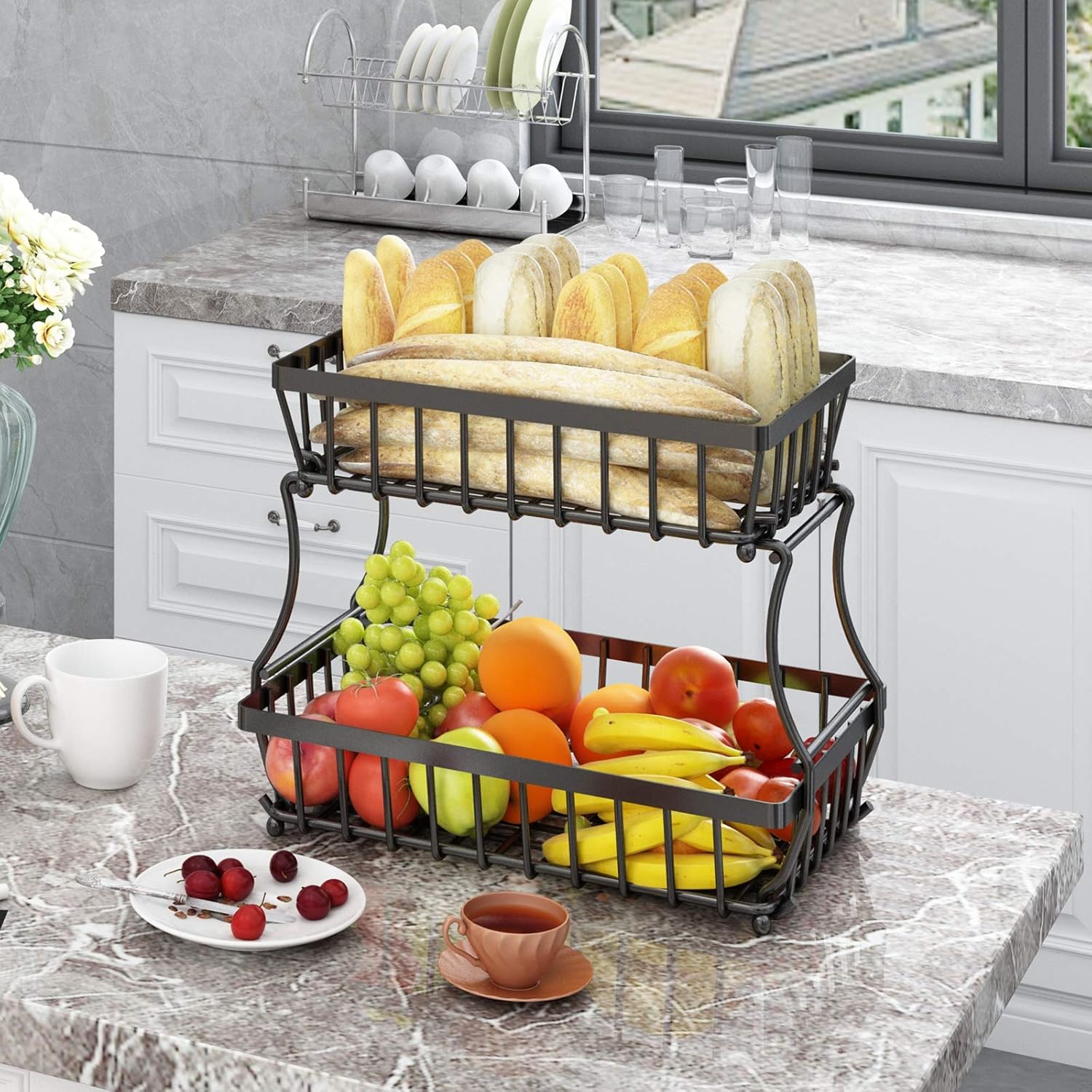 Apsan 2 Tier Fruit Basket, Countertop Fruit Vegetable Basket Bowl for Kitchen Counter, Detachable Metal Wire Storage Basket Fruits Stand Holder Organizer for Bread Snack Veggies Produce,Black - Image 3