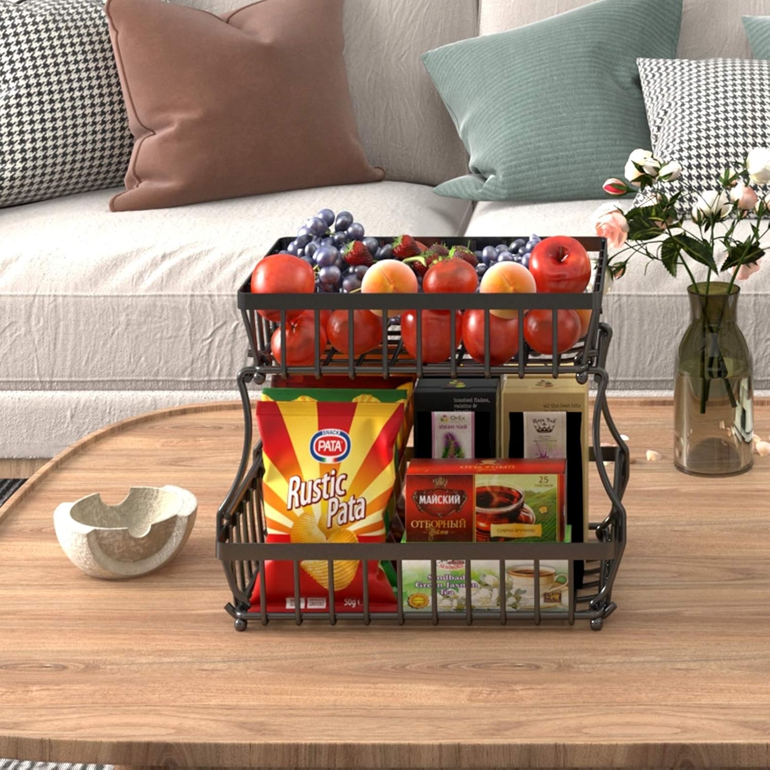 Apsan 2 Tier Fruit Basket, Countertop Fruit Vegetable Basket Bowl for Kitchen Counter, Detachable Metal Wire Storage Basket Fruits Stand Holder Organizer for Bread Snack Veggies Produce,Black - Image 4