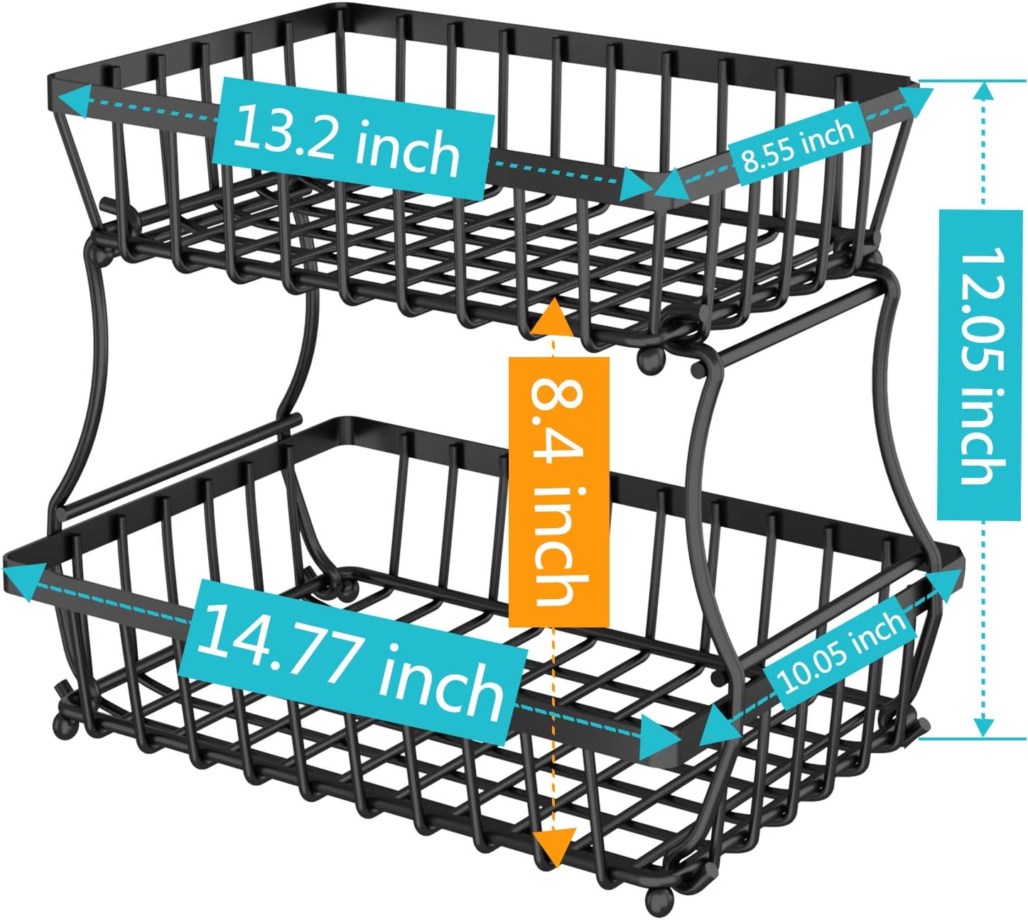 Apsan 2 Tier Fruit Basket, Countertop Fruit Vegetable Basket Bowl for Kitchen Counter, Detachable Metal Wire Storage Basket Fruits Stand Holder Organizer for Bread Snack Veggies Produce,Black - Image 5