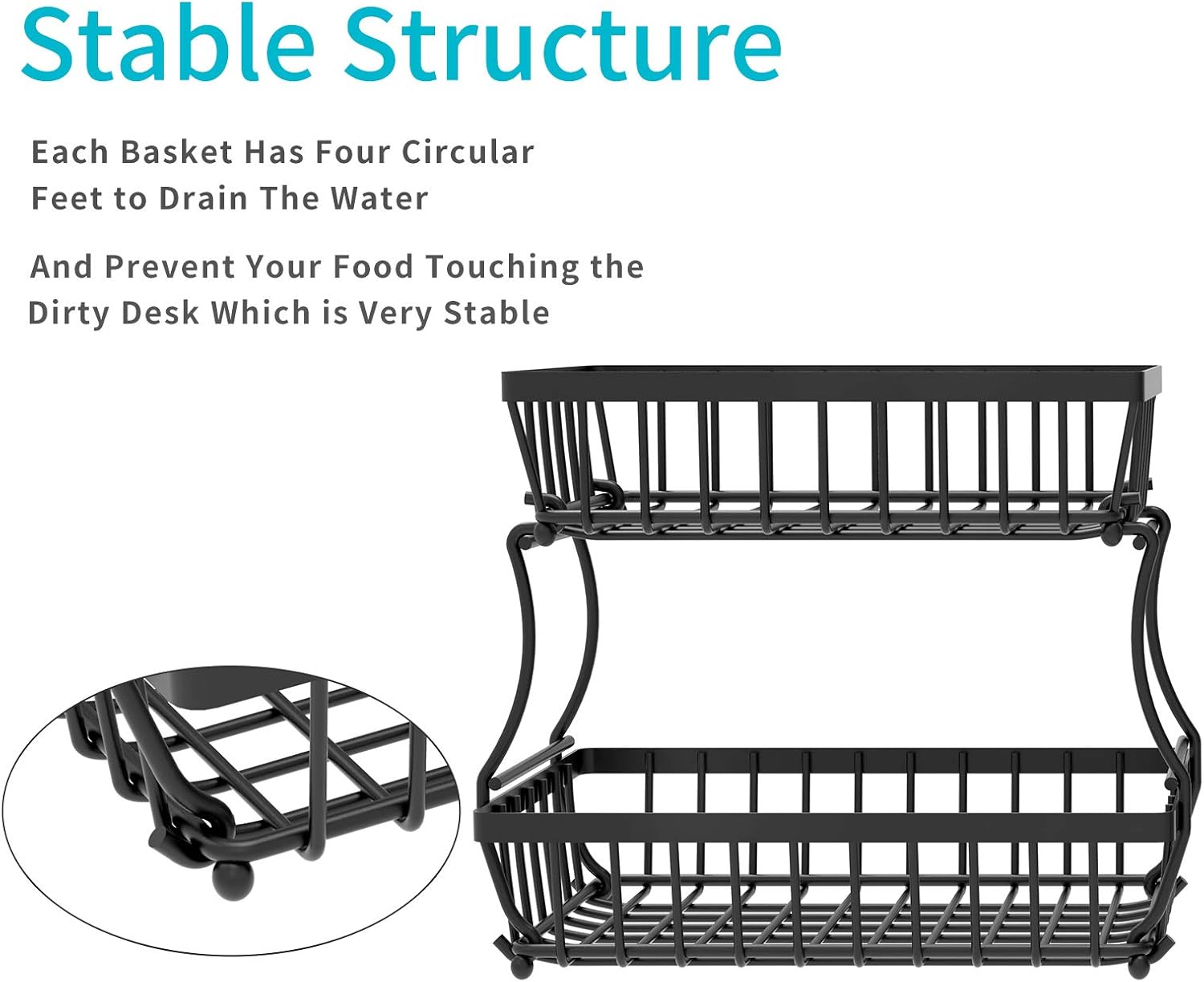Apsan 2 Tier Fruit Basket, Countertop Fruit Vegetable Basket Bowl for Kitchen Counter, Detachable Metal Wire Storage Basket Fruits Stand Holder Organizer for Bread Snack Veggies Produce,Black - Image 6