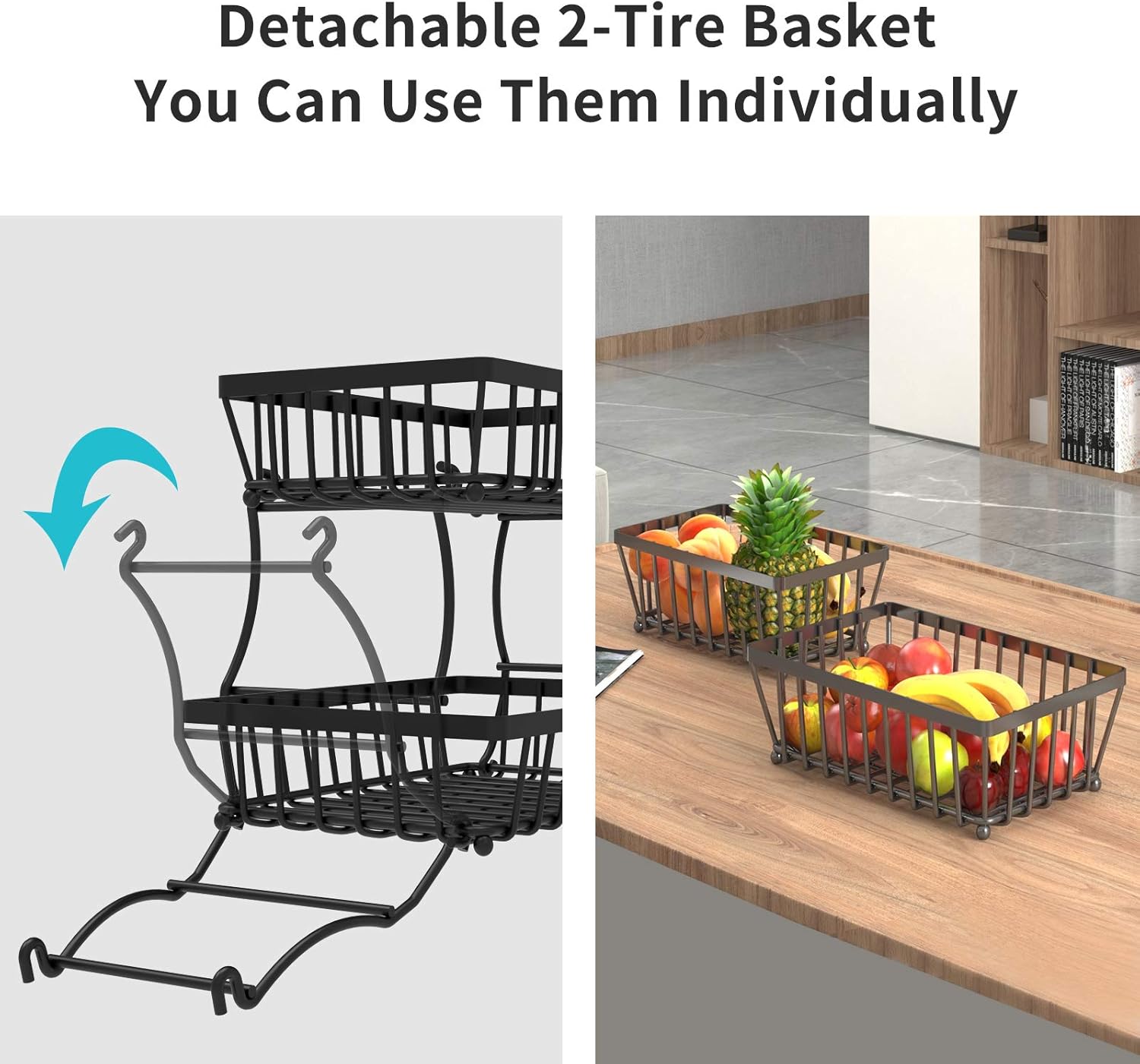 Apsan 2 Tier Fruit Basket, Countertop Fruit Vegetable Basket Bowl for Kitchen Counter, Detachable Metal Wire Storage Basket Fruits Stand Holder Organizer for Bread Snack Veggies Produce,Black - Image 7