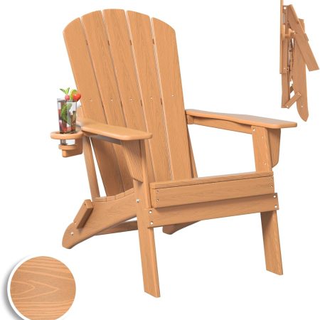 Folding Adirondack Chair, SGS Tested, Wooden Textured with Cup Holder, Heavy All-Weather HDPE Comfortable Set Poolside Backyard Lawn Teak