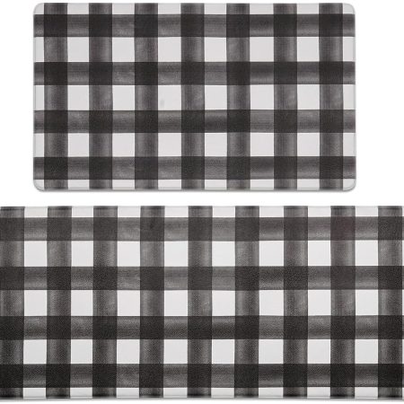 FRESHMINT Modern Farmhouse Plaid 2 Piece Set Kitchen Mats for Floor Anti Fatigue Waterproof & Non-Skid Kitchen Rugs Cushioned Kitchen Mat for Standing Washable Comfort Desk Kitchen Runners