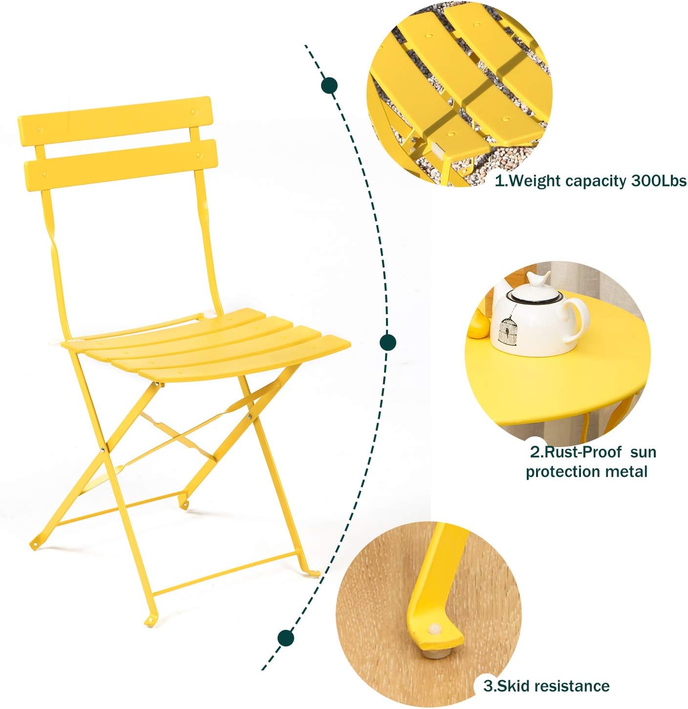 Grand patio 3-Piece Folding Bistro Set, 2 Chairs and 1 Table, Weather-Resistant Outdoor/Indoor Conversation Set for Patio, Yard, Garden-Yellow - Image 4