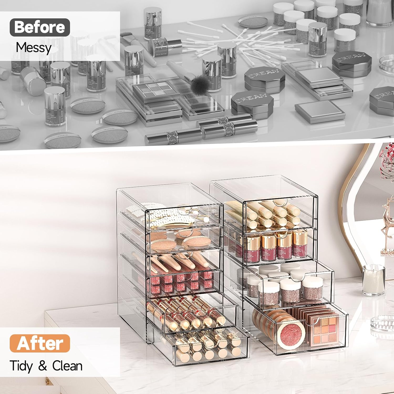 Makeup Drawer Storage Organizer with 20 Drawers, 4 Set Acrylic Office Desk Organization and Storage, Dustproof Drawer Organizer for Makeup, Office, Countertop, Jewelry, Pen, Desktop, Bathroom, Bedroom - Image 4