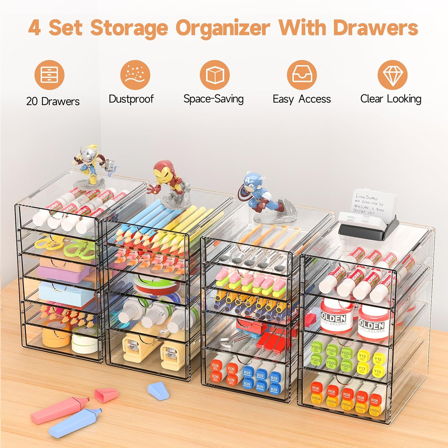 Makeup Drawer Storage Organizer with 20 Drawers, 4 Set Acrylic Office Desk Organization and Storage, Dustproof Drawer Organizer for Makeup, Office, Countertop, Jewelry, Pen, Desktop, Bathroom, Bedroom - Image 6