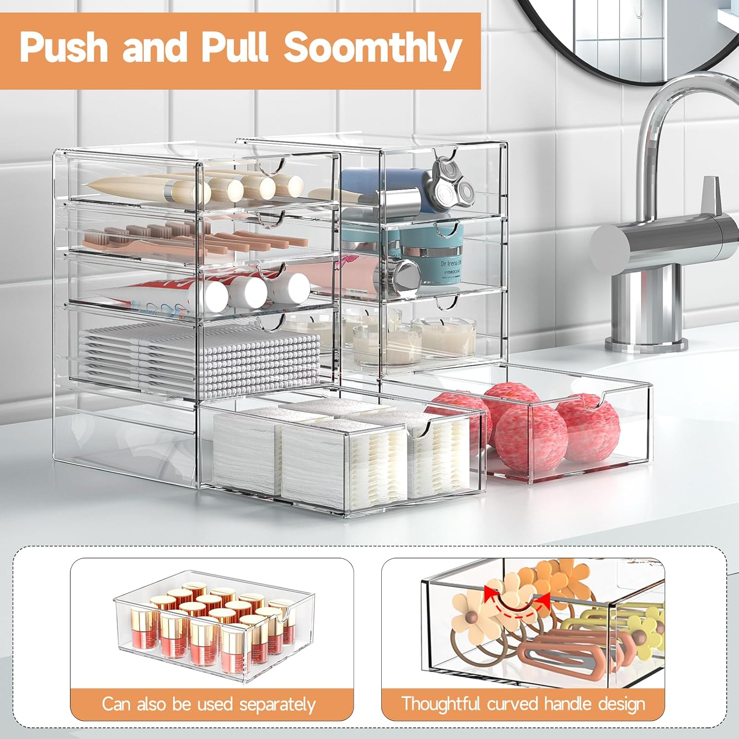 Makeup Drawer Storage Organizer with 20 Drawers, 4 Set Acrylic Office Desk Organization and Storage, Dustproof Drawer Organizer for Makeup, Office, Countertop, Jewelry, Pen, Desktop, Bathroom, Bedroom - Image 7